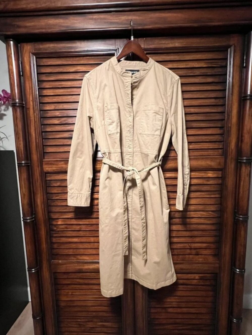 J. Peterman Khaki Tan Utility Shirt Dress XL Long Sleeve Belted Safari Midi